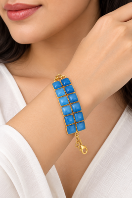 Certified natural freshwater pearls jewellery blue square cabochon statement bracelet with gold-tone setting 1
