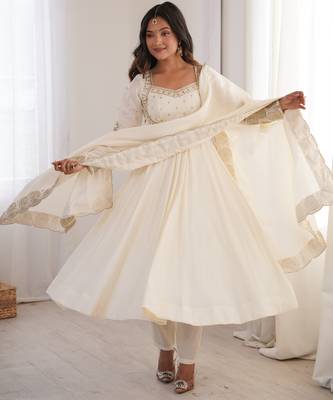 Elegant white sequin work anarkali set with dupatta 1