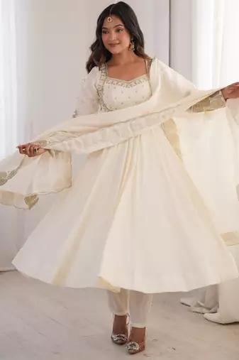 Elegant white sequin work anarkali set with dupatta