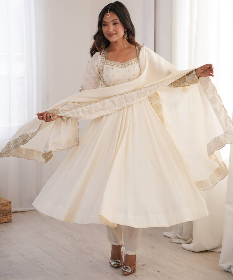 Elegant white sequin work anarkali set with dupatta