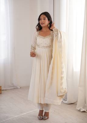 Elegant white sequin work anarkali set with dupatta 3
