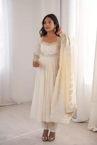 Elegant white sequin work anarkali set with dupatta