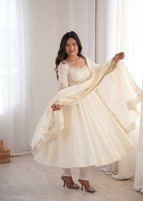 Elegant white sequin work anarkali set with dupatta 4