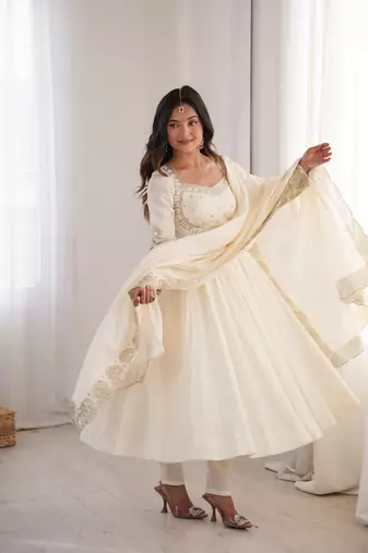 Elegant white sequin work anarkali set with dupatta