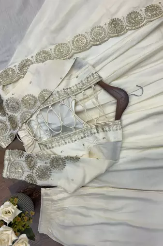 Elegant white sequin work anarkali set with dupatta