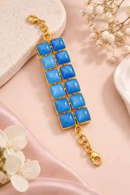 Certified natural freshwater pearls jewellery blue square cabochon statement bracelet with gold-tone setting 2