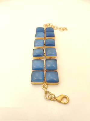 Certified natural freshwater pearls jewellery blue square cabochon statement bracelet with gold-tone setting 4
