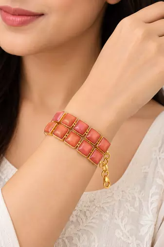 Certified natural freshwater pearls jewellery brown square stone gold-tone wide chain bracelet