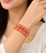 Certified natural freshwater pearls jewellery brown square stone gold-tone wide chain bracelet
