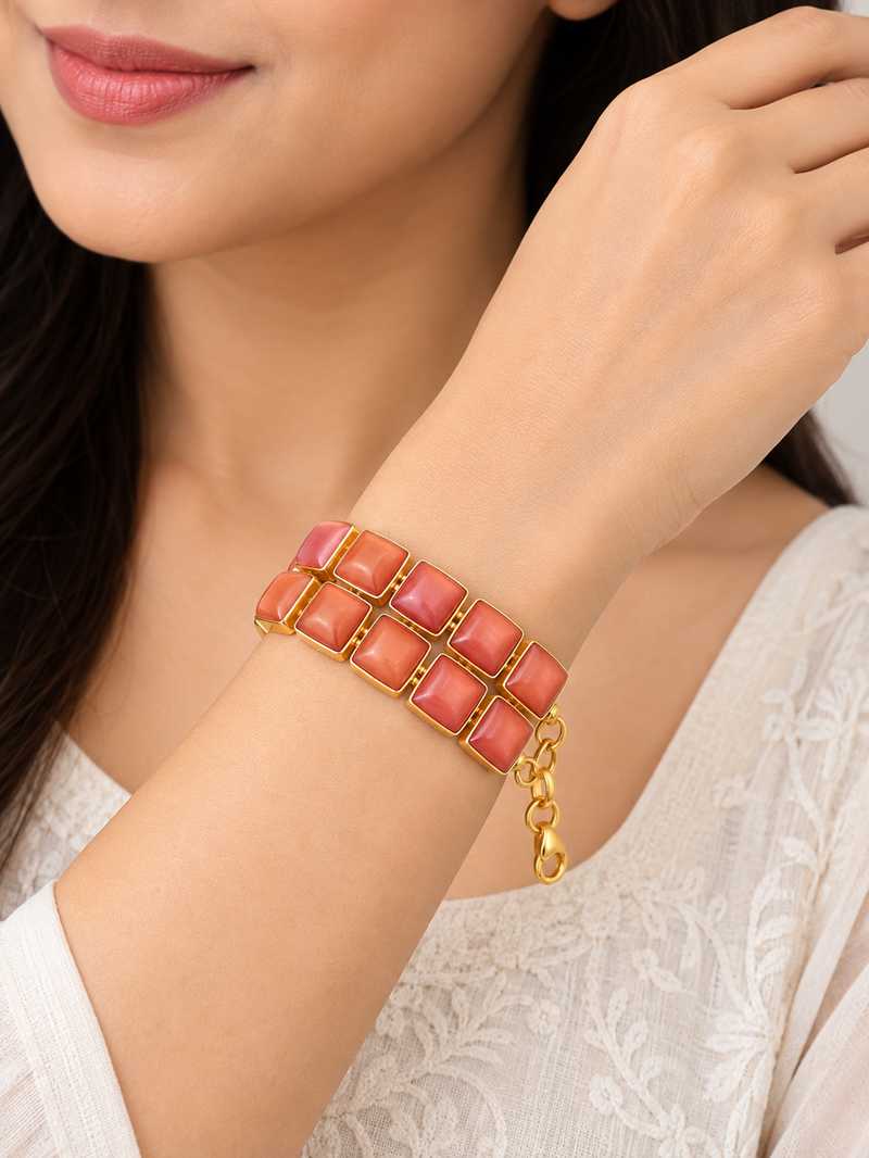 Certified natural freshwater pearls jewellery brown square stone gold-tone wide chain bracelet