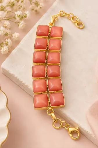 Certified natural freshwater pearls jewellery brown square stone gold-tone wide chain bracelet