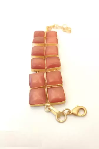 Certified natural freshwater pearls jewellery brown square stone gold-tone wide chain bracelet