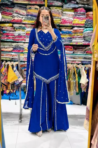 Royal Blue Chanderi silk sharara set with dupatta