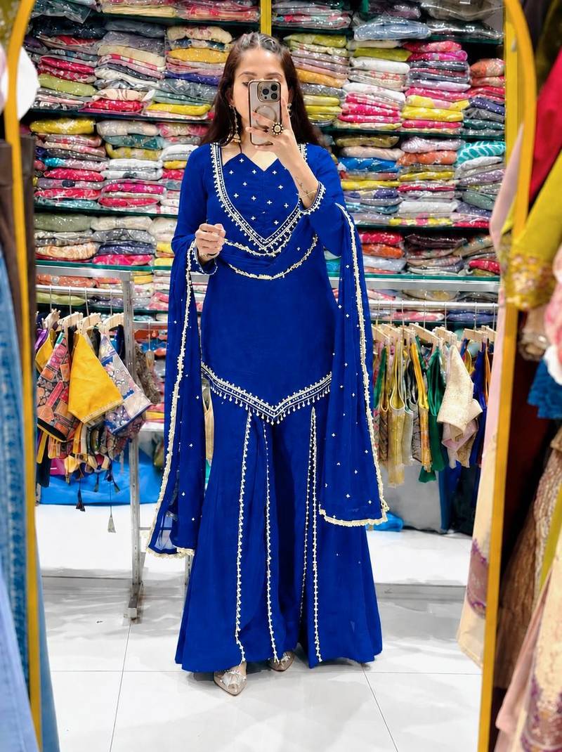 Royal Blue Chanderi silk sharara set with dupatta