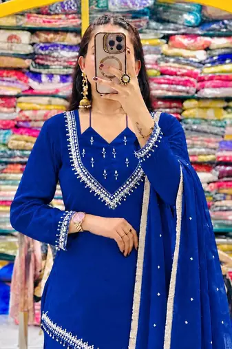 Royal Blue Chanderi silk sharara set with dupatta