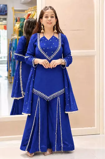 Royal Blue Chanderi silk sharara set with dupatta