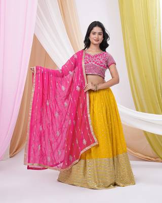 Yellow & Pink Georgette Embellished Ready-to-Wear Lehenga, Blouse & Dupatta Set 1