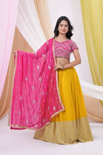 Yellow & Pink Georgette Embellished Ready-to-Wear Lehenga, Blouse & Dupatta Set