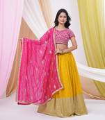 Yellow & Pink Georgette Embellished Ready-to-Wear Lehenga, Blouse & Dupatta Set