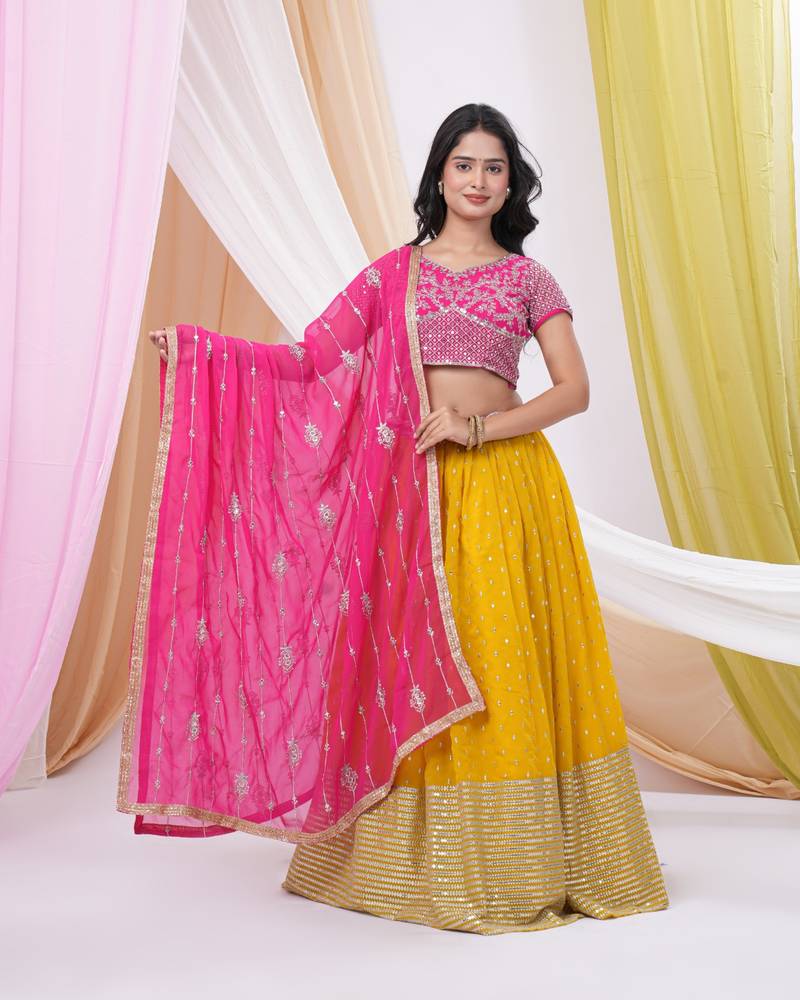 Yellow & Pink Georgette Embellished Ready-to-Wear Lehenga, Blouse & Dupatta Set