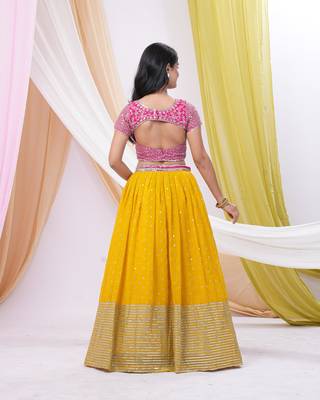 Yellow & Pink Georgette Embellished Ready-to-Wear Lehenga, Blouse & Dupatta Set 2