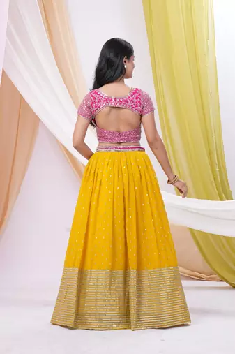 Yellow & Pink Georgette Embellished Ready-to-Wear Lehenga, Blouse & Dupatta Set