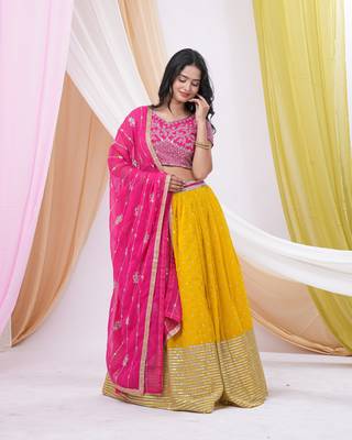 Yellow & Pink Georgette Embellished Ready-to-Wear Lehenga, Blouse & Dupatta Set 3