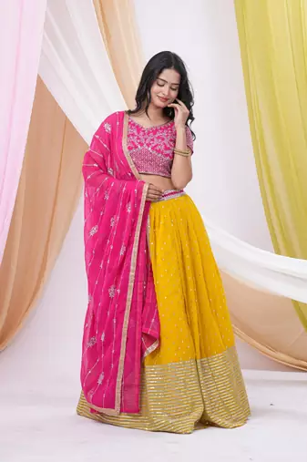 Yellow & Pink Georgette Embellished Ready-to-Wear Lehenga, Blouse & Dupatta Set