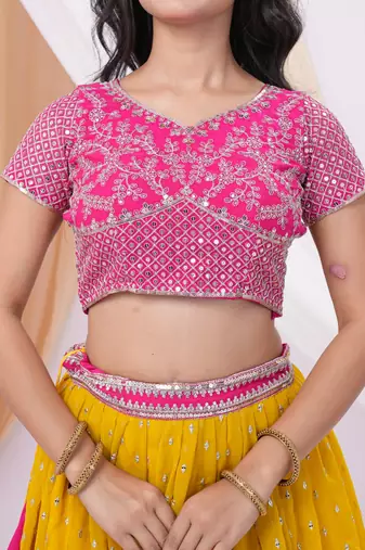 Yellow & Pink Georgette Embellished Ready-to-Wear Lehenga, Blouse & Dupatta Set