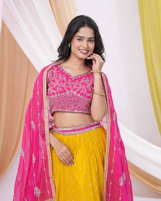 Yellow & Pink Georgette Embellished Ready-to-Wear Lehenga, Blouse & Dupatta Set 5
