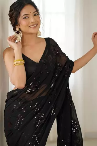 Black floral sequins embroidered georgette party wear saree with blouse piece