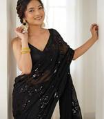 Black floral sequins embroidered georgette party wear saree with blouse piece
