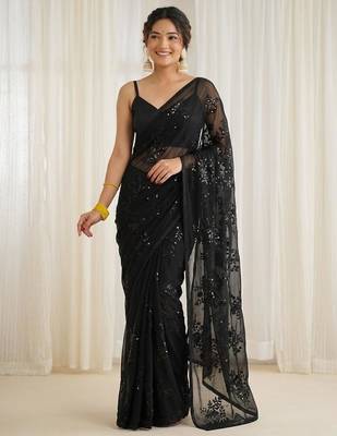 Black floral sequins embroidered georgette party wear saree with blouse piece 2