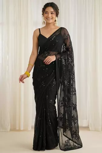 Black floral sequins embroidered georgette party wear saree with blouse piece