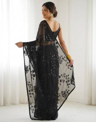 Black floral sequins embroidered georgette party wear saree with blouse piece 3