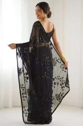 Black floral sequins embroidered georgette party wear saree with blouse piece