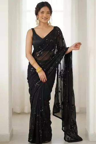 Black floral sequins embroidered georgette party wear saree with blouse piece