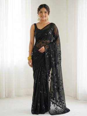 Black floral sequins embroidered georgette party wear saree with blouse piece 5