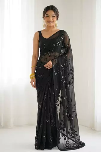 Black floral sequins embroidered georgette party wear saree with blouse piece