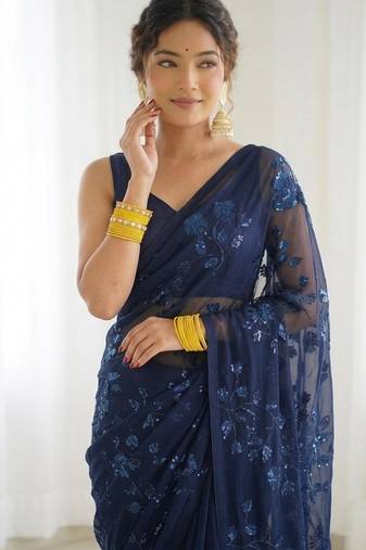Blue floral sequins embroidered georgette party wear saree with blouse piece