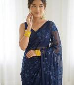 Blue floral sequins embroidered georgette party wear saree with blouse piece