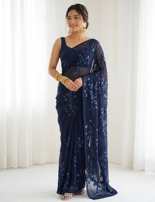 Blue floral sequins embroidered georgette party wear saree with blouse piece 2