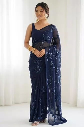 Blue floral sequins embroidered georgette party wear saree with blouse piece
