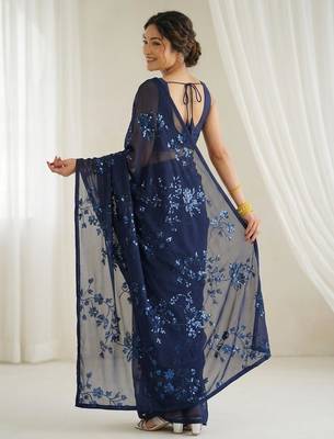 Blue floral sequins embroidered georgette party wear saree with blouse piece 4