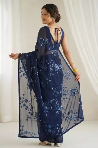 Blue floral sequins embroidered georgette party wear saree with blouse piece