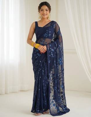 Blue floral sequins embroidered georgette party wear saree with blouse piece 5