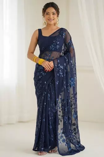 Blue floral sequins embroidered georgette party wear saree with blouse piece