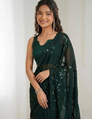 Green floral sequins embroidered georgette party wear saree with blouse piece 1
