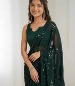 Green floral sequins embroidered georgette party wear saree with blouse piece