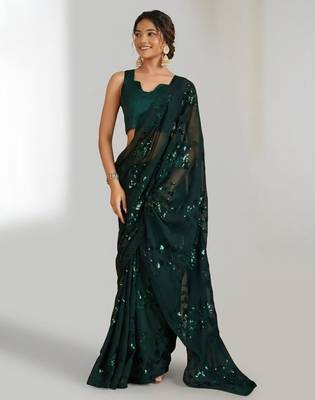 Green floral sequins embroidered georgette party wear saree with blouse piece 2